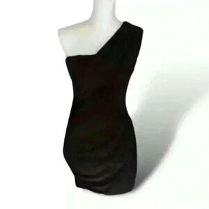 One Shoulder Ruched Black Fitted Mini Dress Size Medium​​